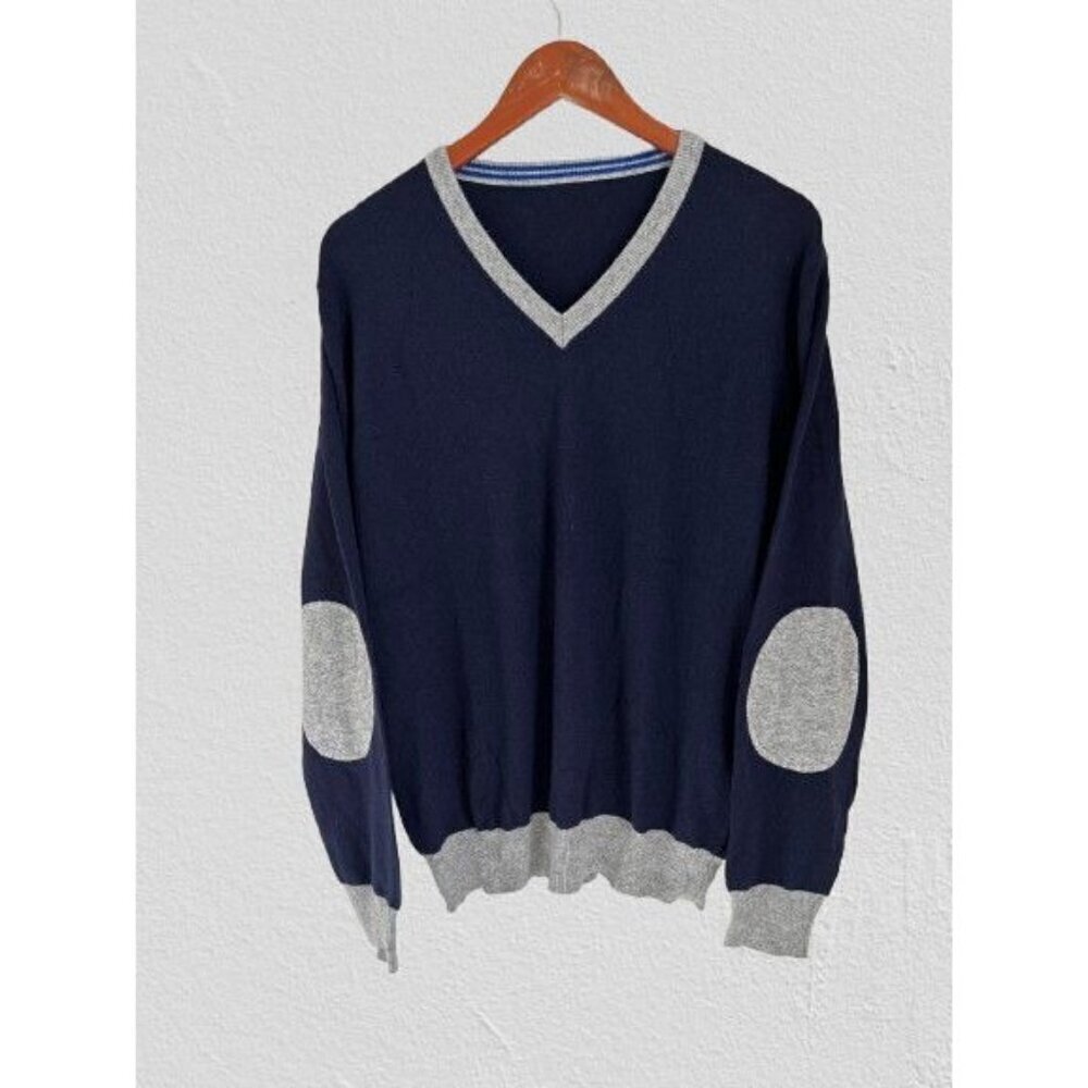 Made in Italy V-neck 100% Merino Wool Sweater Blue Elbow Patch Size Large